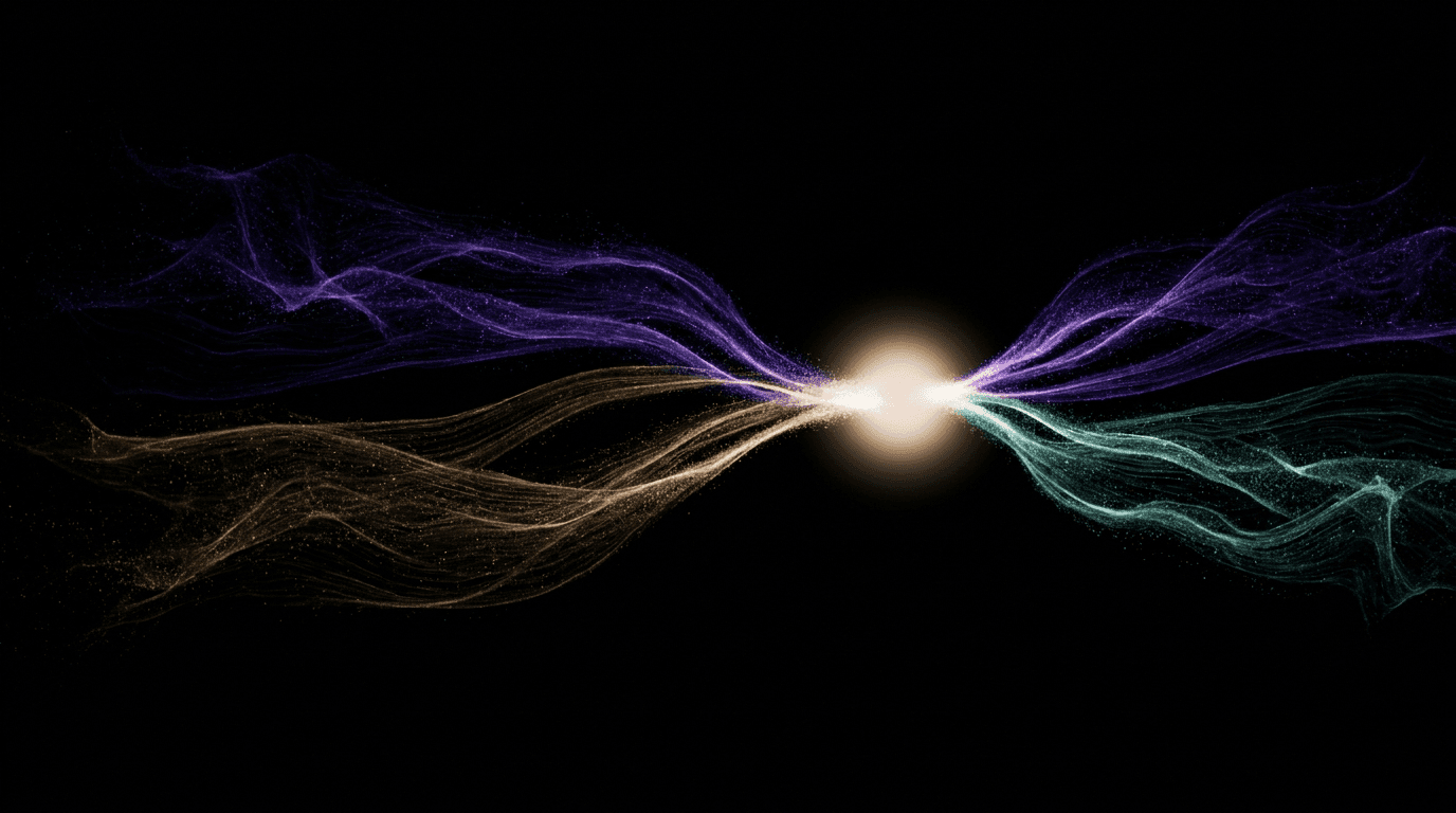 Fine violet, amber and teal particle streams drifting in from both sides of a dark field and converging into a single bright point of light.